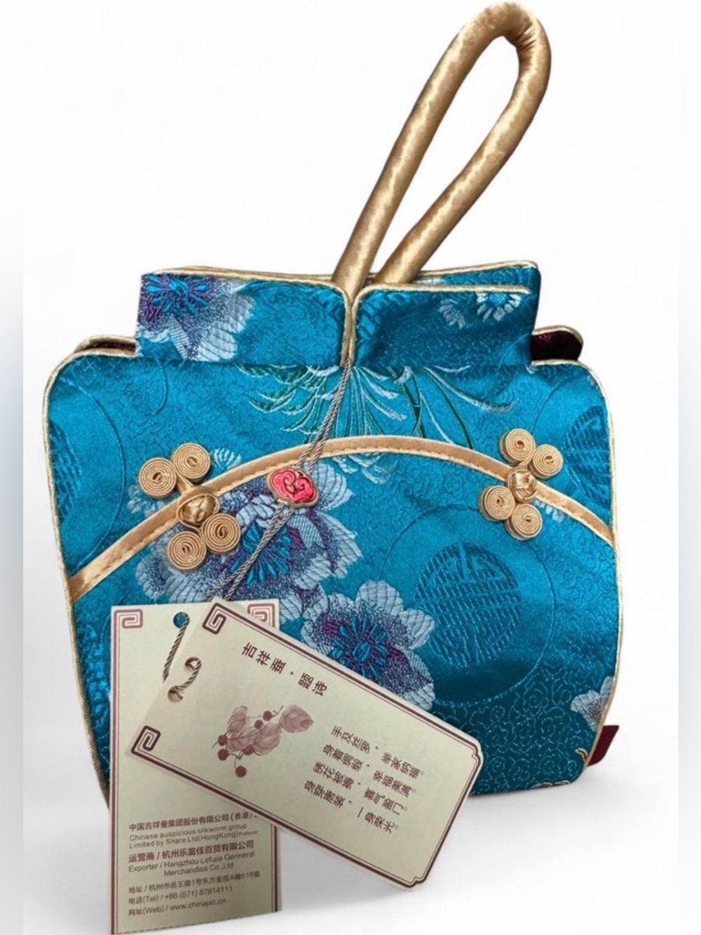NWT traditional Chinese teal 100% mulberry silk brocade handbag